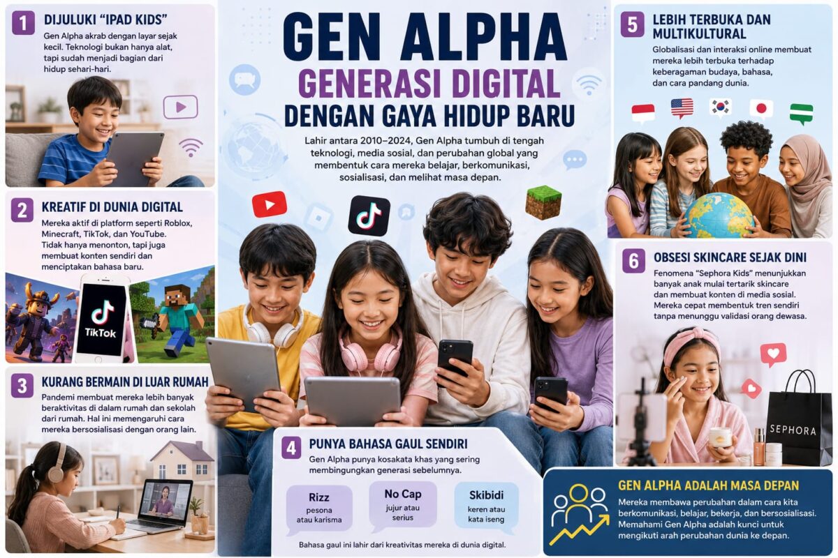 Generasi Alpha atau Gen Alpha mulai menjadi perhatian setelah era Gen Z. Generasi yang lahir pada 2010 hingga 2024 ini tumbuh sepenuhnya di abad ke-21. Mereka dikenal sebagai generasi yang sangat dekat dengan teknologi sejak usia dini.