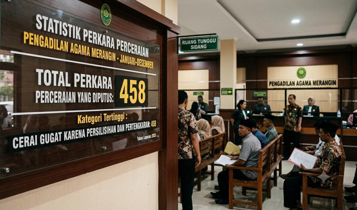 Angka perceraian di Kabupaten Merangin mencapai 458 perkara hingga Juli 2026. Mayoritas kasus merupakan cerai gugat dengan penyebab utama perselisihan rumah tangga.