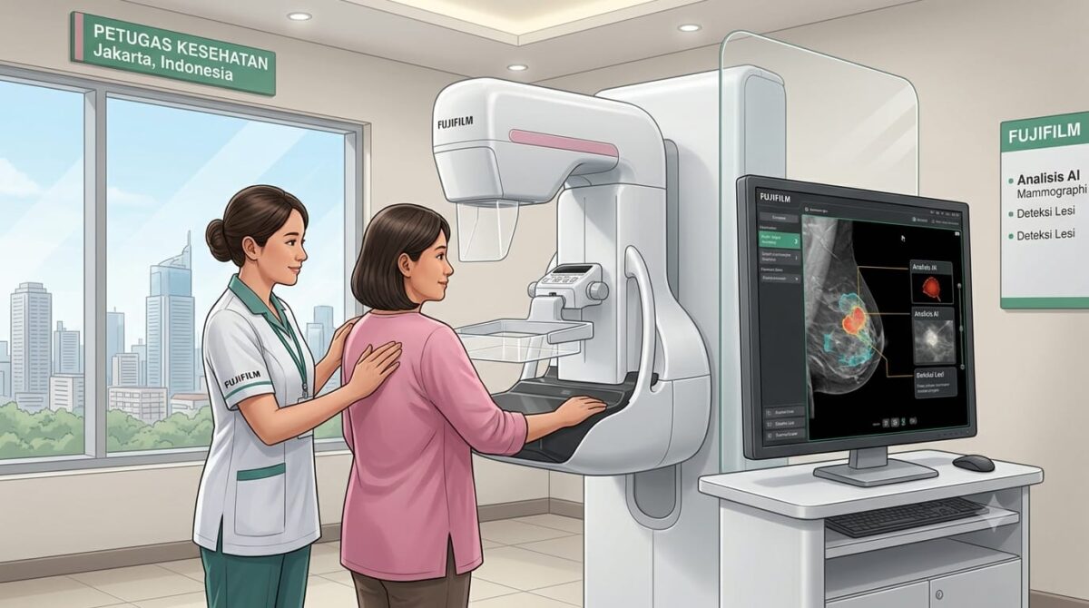 Ilustrasi: Petugas kesehatan melakukan pemeriksaan mammografi pada seorang perempuan penderita kanker payudara dengan teknologi mammografi digital berbasis kecerdasan buatan (AI) dari Fujifilm Indonesia di Jakarta. 