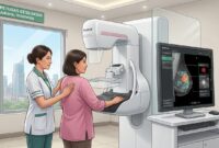 Ilustrasi: Petugas kesehatan melakukan pemeriksaan mammografi pada seorang perempuan penderita kanker payudara dengan teknologi mammografi digital berbasis kecerdasan buatan (AI) dari Fujifilm Indonesia di Jakarta. 