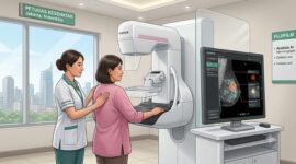 Ilustrasi: Petugas kesehatan melakukan pemeriksaan mammografi pada seorang perempuan penderita kanker payudara dengan teknologi mammografi digital berbasis kecerdasan buatan (AI) dari Fujifilm Indonesia di Jakarta. 