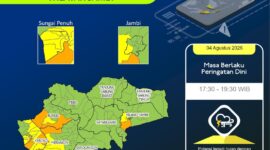 BMKG Jambi memperbarui peringatan dini cuaca 4 Agustus 2026. Hujan lebat disertai petir dan angin kencang berpotensi melanda Kerinci, Sungai Penuh, Merangin, hingga Kota Jambi sampai pukul 19.30 WIB.