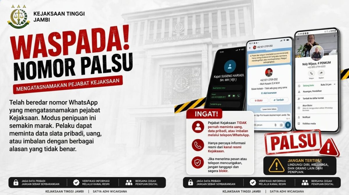 Kejati Jambi mengingatkan masyarakat agar waspada terhadap penipuan yang mencatut nama Kajati, Asintel, dan Kasi Penkum. Warga diminta tidak memberikan data pribadi maupun transfer dana.